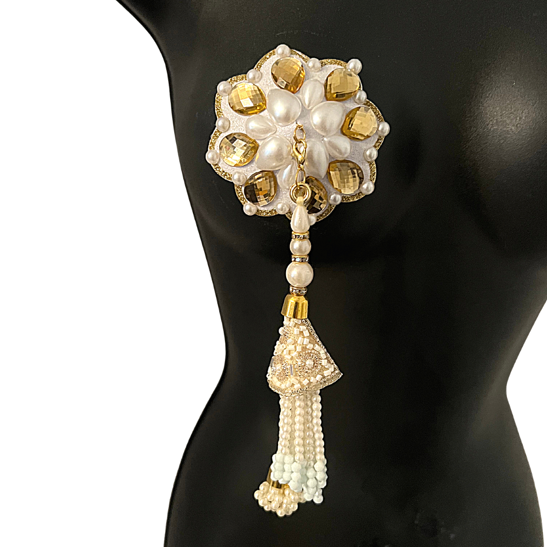 BOUQUET GARNI Cache-tétons en perles blanches et pierres dorées, pâteux (2 pièces) avec pompons amovibles (2 pièces) Lingerie Burlesque Raves et festivals