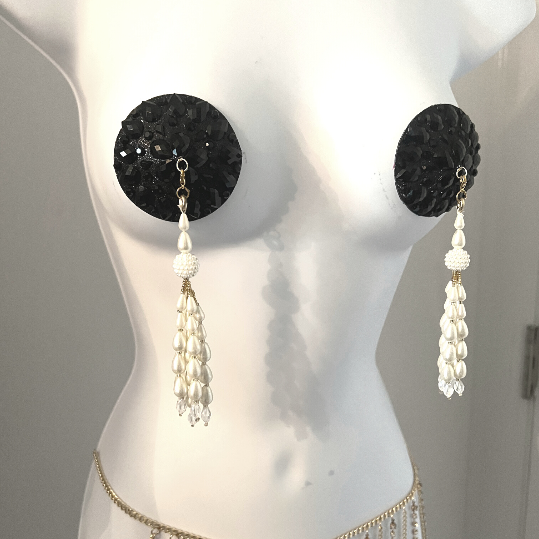 AUDREY Cubierta para pezones con purpurina negra y gemas (2 piezas) Empanadas con intrincadas perlas extraíbles y borlas para lencería Carnaval Burlesque Rave