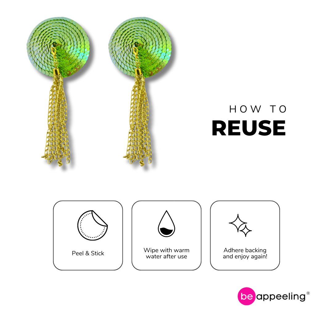 LIMELIGHT - Lime Green Circle Sequin Nipple Pasties Covers (2pcs) with Removable Gold Chain Tassels