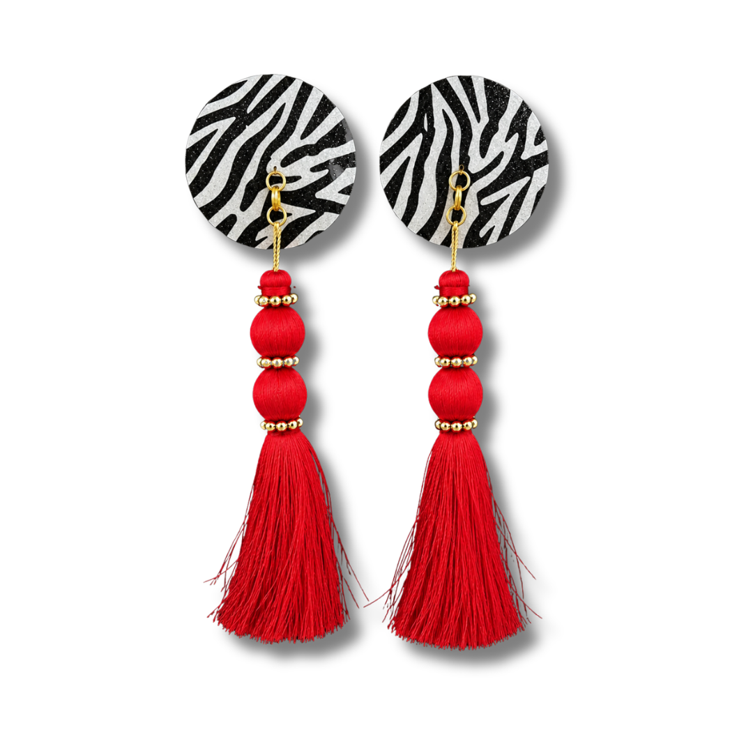 DAZZLE Zebra Glitter  Nipple Pasties, Pasty (2pcs) -  With Removable  Black or Red Tassels