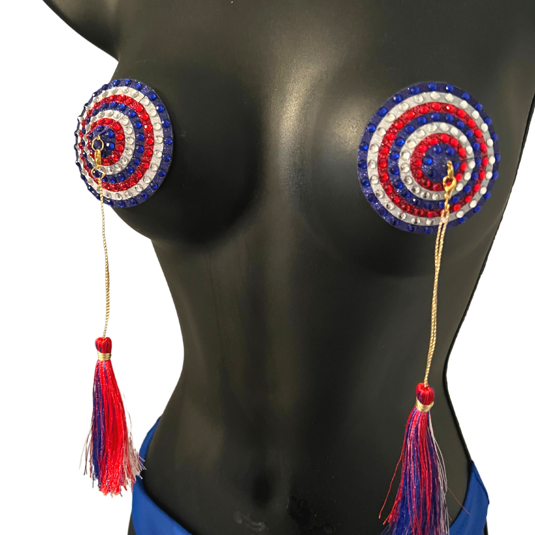 PINUP Purpurina y gema roja, blanca y azul, cubrepezones (2 piezas) Empanadas con borlas extraíbles para lencería Carnaval Burlesque Rave