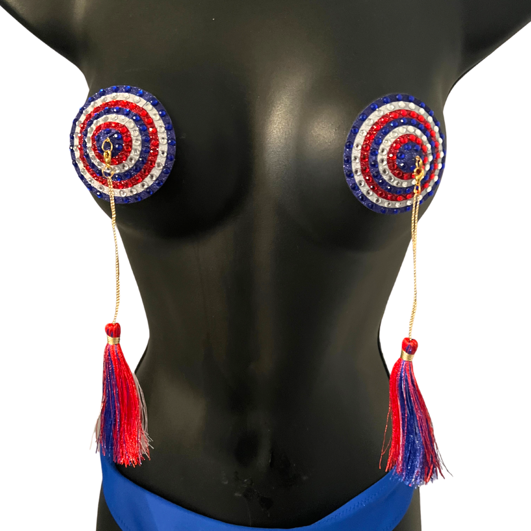 PINUP Rouge, Blanc et Bleu Paillettes &amp; Gem, Cache-tétons (2pcs) Cache-tétons avec pompons amovibles pour lingerie Carnaval Burlesque Rave