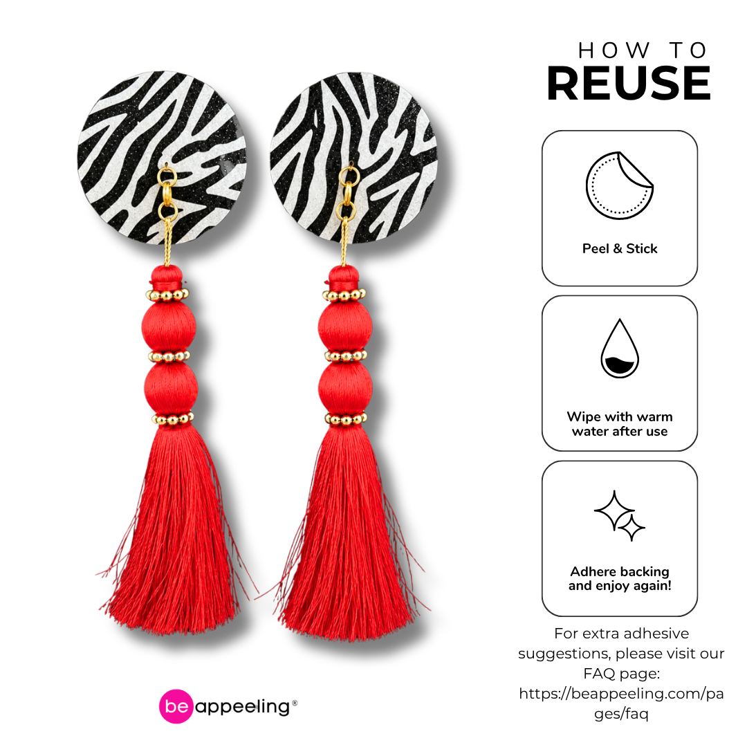 DAZZLE Zebra Glitter  Nipple Pasties, Pasty (2pcs) -  With Removable  Black or Red Tassels