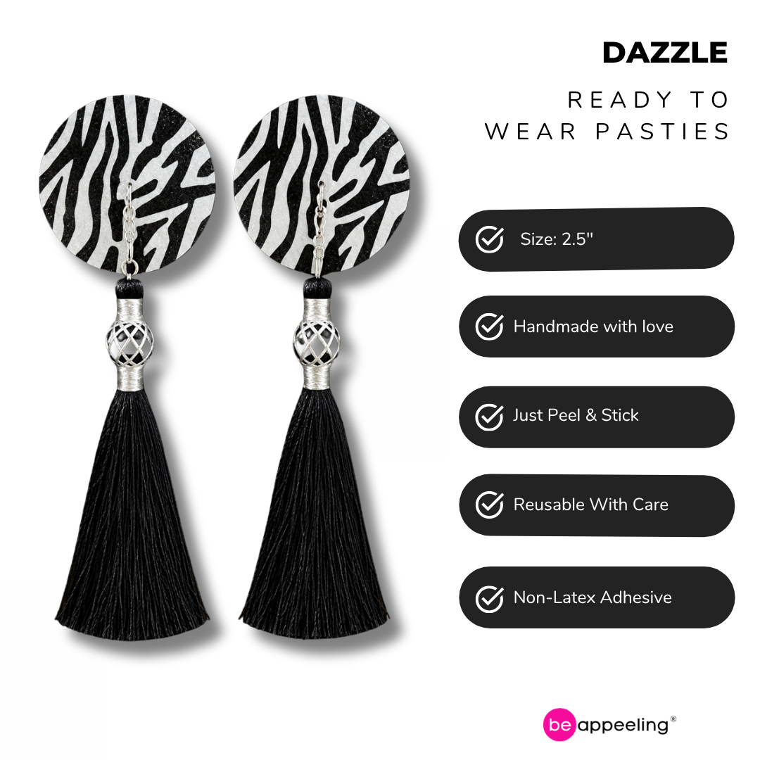 DAZZLE Zebra Glitter  Nipple Pasties, Pasty (2pcs) -  With Removable  Black or Red Tassels