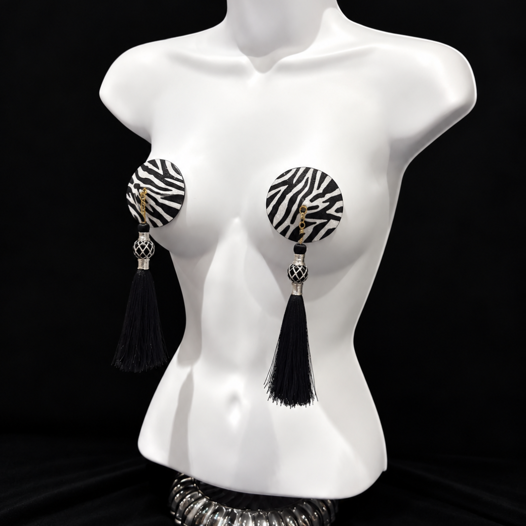 DAZZLE Zebra Glitter  Nipple Pasties, Pasty (2pcs) -  With Removable  Black or Red Tassels
