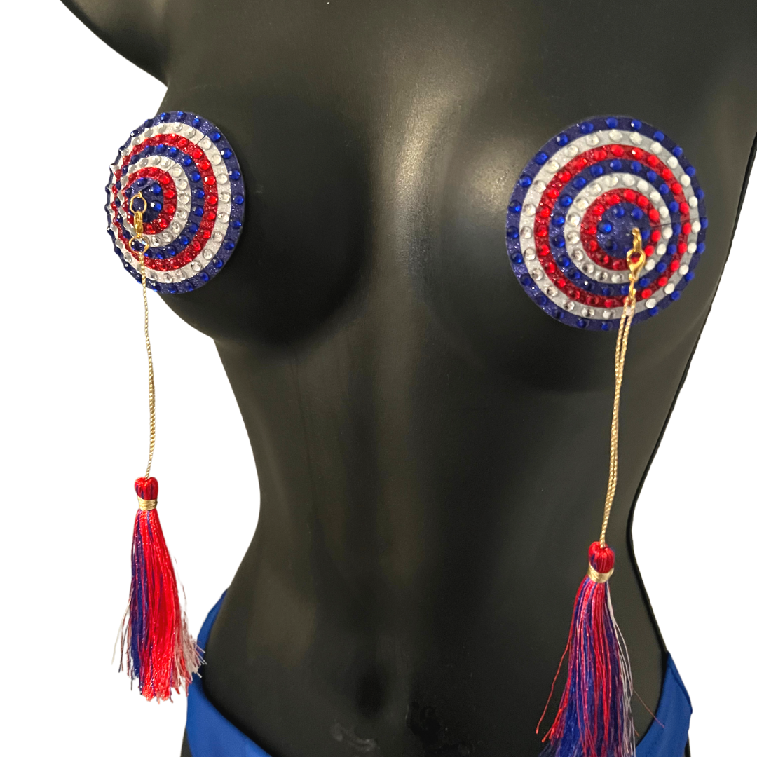 Paquete Miss Americana (4 piezas) Pasta para pezones roja, blanca y azul para festivales burlescos, lencería y más - OFERTA