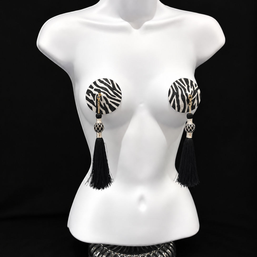 DAZZLE Zebra Glitter  Nipple Pasties, Pasty (2pcs) -  With Removable  Black or Red Tassels