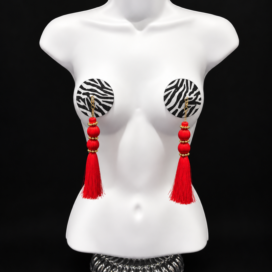DAZZLE Zebra Glitter  Nipple Pasties, Pasty (2pcs) -  With Removable  Black or Red Tassels