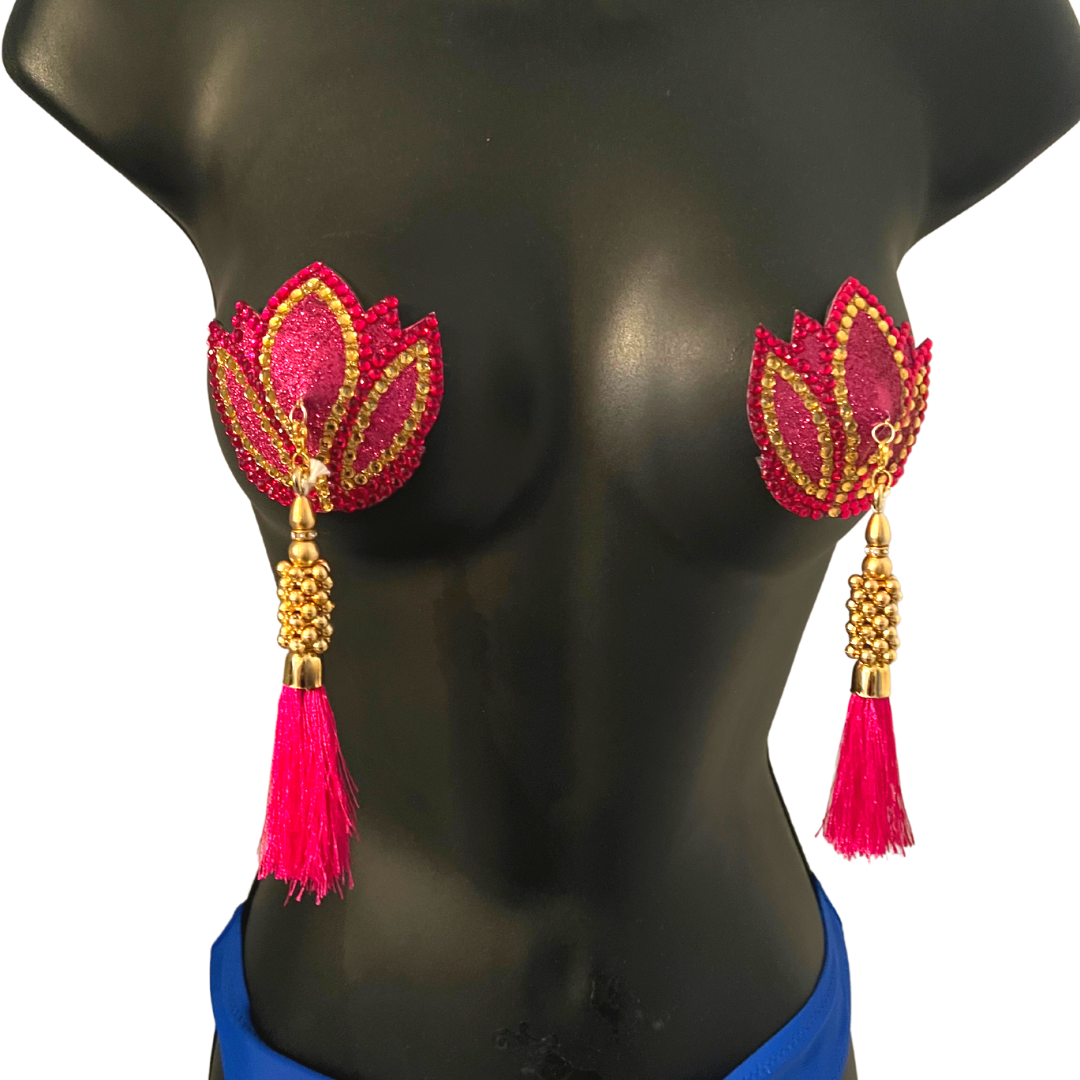 LOTUS DREAMS Hot Pink Gold Lotus Design Glitter & Gem, Nipple Cover (2pcs) Pasties w/ Removable Tassels for Lingerie Carnival Burlesque Rave