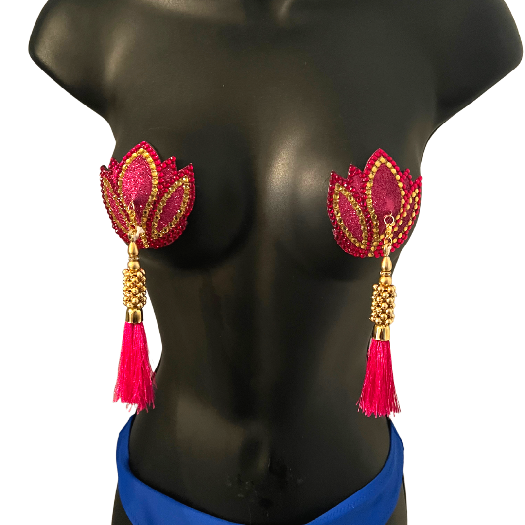 LOTUS DREAMS Hot Pink Gold Lotus Design Glitter & Gem, Nipple Cover (2pcs) Pasties w/ Removable Tassels for Lingerie Carnival Burlesque Rave