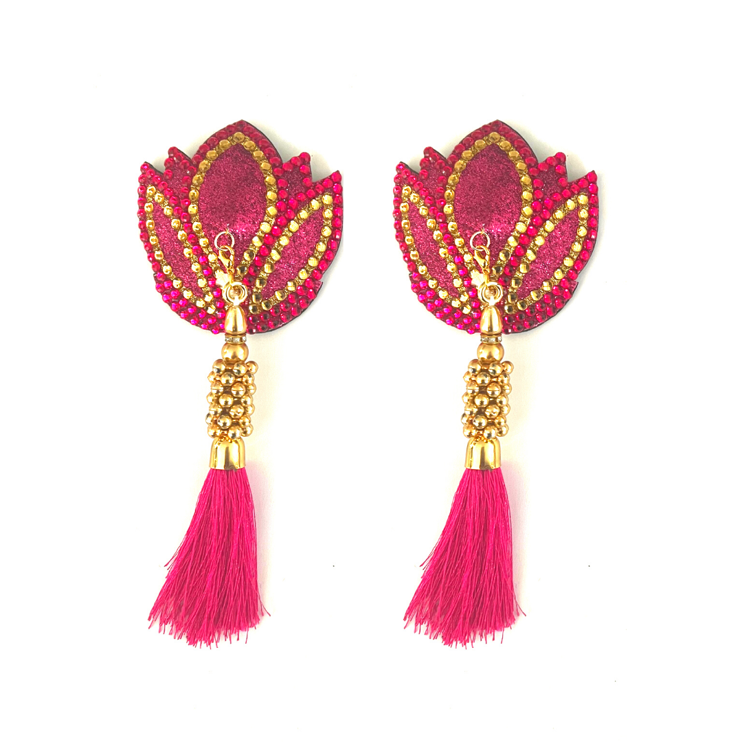 LOTUS DREAMS Hot Pink Gold Lotus Design Glitter & Gem, Nipple Cover (2pcs) Pasties w/ Removable Tassels for Lingerie Carnival Burlesque Rave