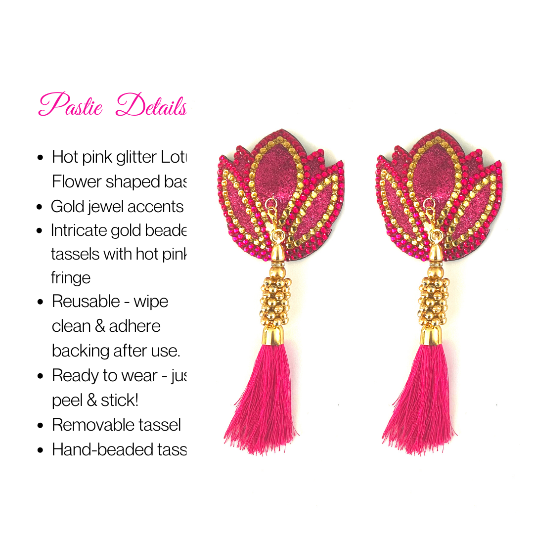LOTUS DREAMS Hot Pink Gold Lotus Design Glitter &amp; Gem, cache-tétons (2 pièces) cache-tétons avec pompons amovibles pour lingerie carnaval burlesque rave