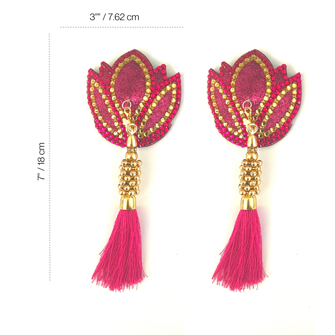 LOTUS DREAMS Hot Pink Gold Lotus Design Glitter &amp; Gem, Cubierta de pezón (2 piezas) Empanadas con borlas extraíbles para lencería Carnaval Burlesque Rave