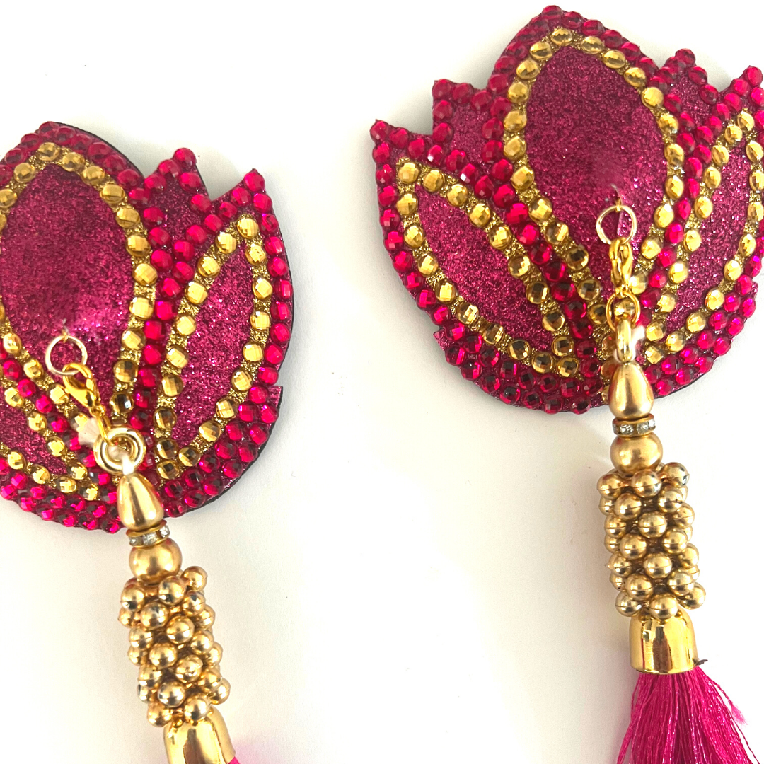 LOTUS DREAMS Hot Pink Gold Lotus Design Glitter &amp; Gem, Cubierta de pezón (2 piezas) Empanadas con borlas extraíbles para lencería Carnaval Burlesque Rave