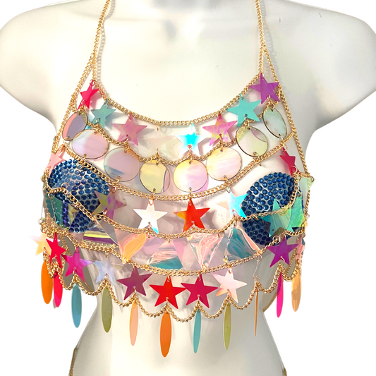 DAYDREAMER Gold Body Chain / Body Jewelry avec étoiles et cercles multicolores pour les festivals Lingerie Rave Burlesque