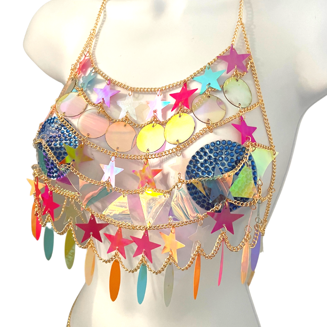 DAYDREAMER Cadena corporal de oro / Joyería corporal con estrellas y círculos multicolores para festivales de lencería Rave Burlesque