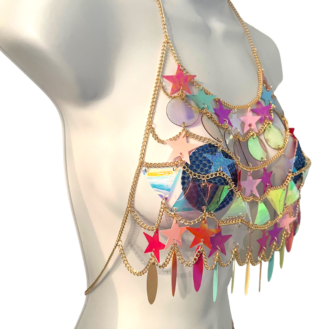 DAYDREAMER Gold Body Chain / Body Jewelry avec étoiles et cercles multicolores pour les festivals Lingerie Rave Burlesque