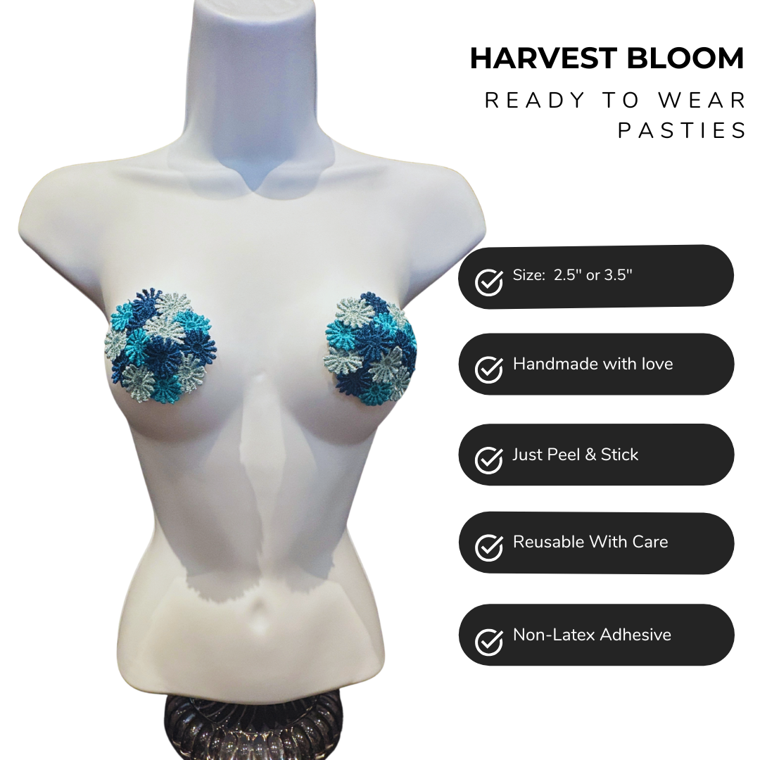 HARVEST BLOOM - Floral Appliqué Nipple Pasties, Pasty (2pcs) Shades of Blue