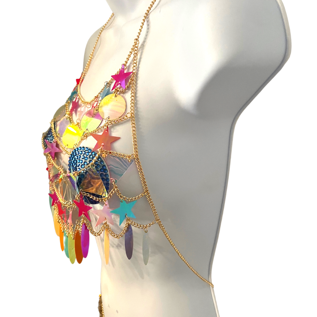 DAYDREAMER Gold Body Chain / Body Jewelry with Multicolour Stars and Circles for Lingerie Rave Burlesque Festivals