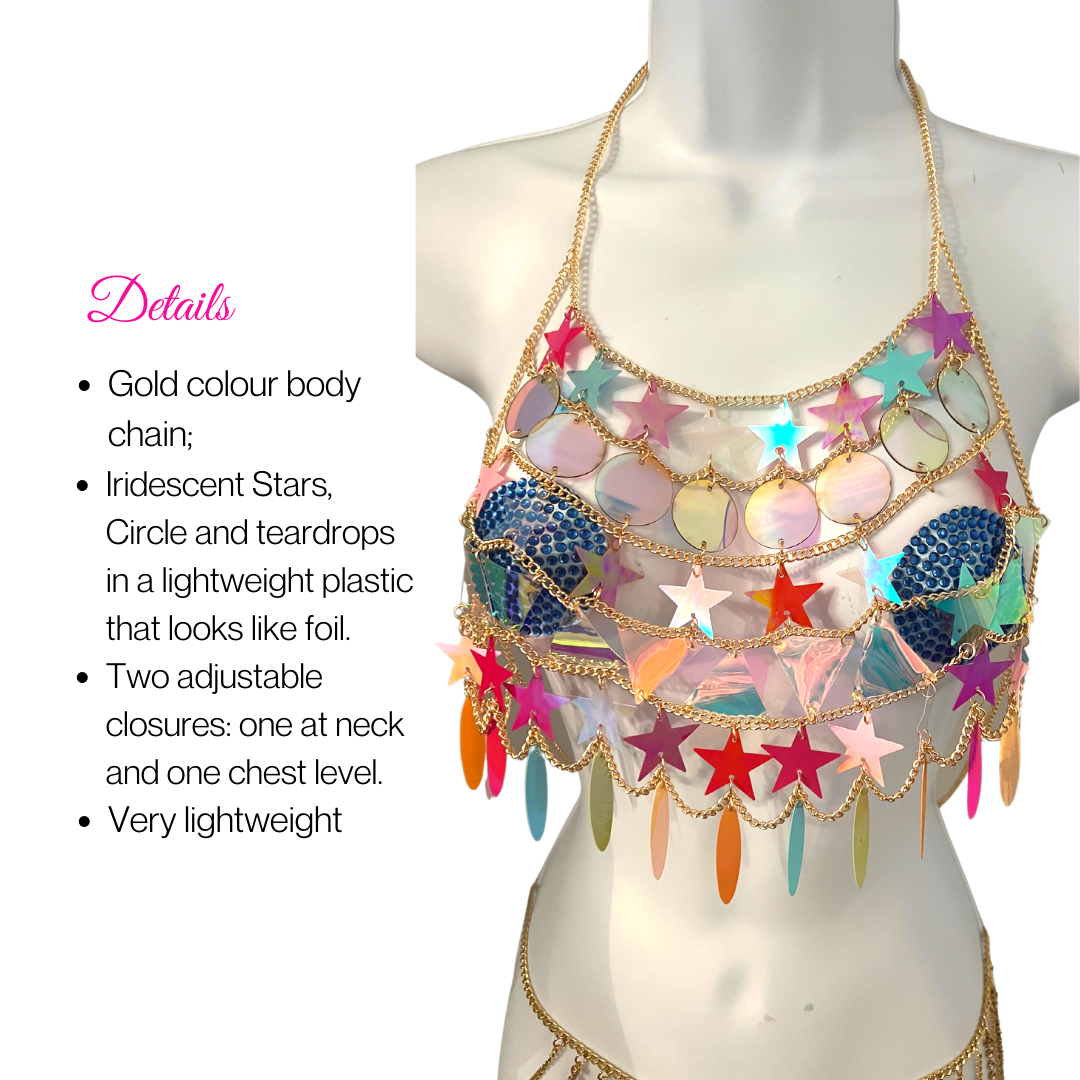 DAYDREAMER Cadena corporal de oro / Joyería corporal con estrellas y círculos multicolores para festivales de lencería Rave Burlesque