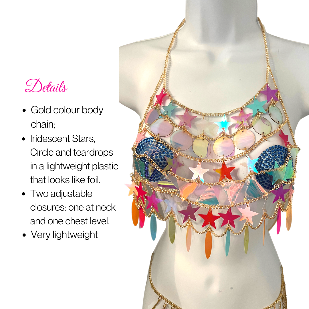 DAYDREAMER Gold Body Chain / Body Jewelry with Multicolour Stars and Circles for Lingerie Rave Burlesque Festivals