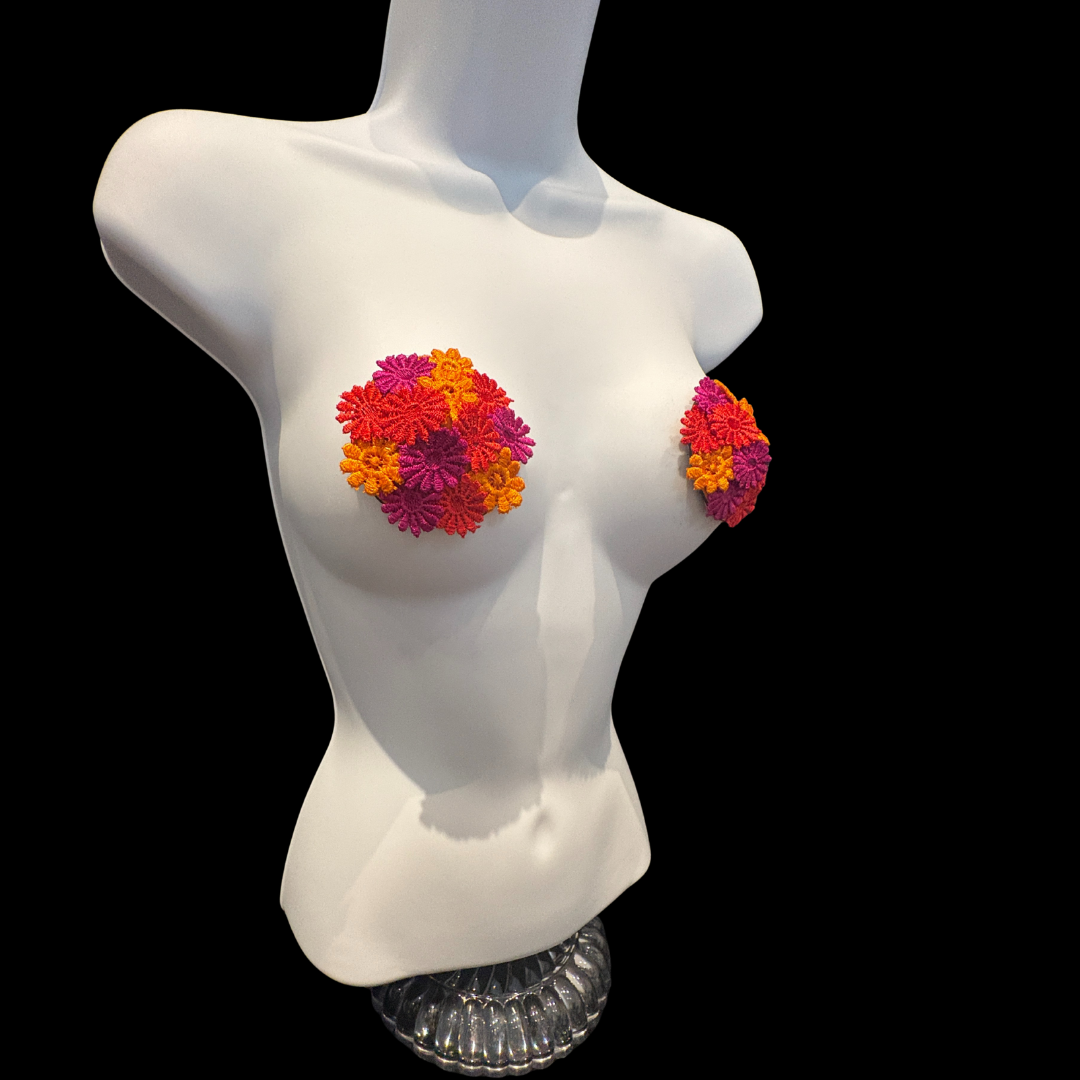 HARVEST BLOOM - Floral Appliqué Nipple Pasties, Pasty (2pcs) Red, Pink and Yellow
