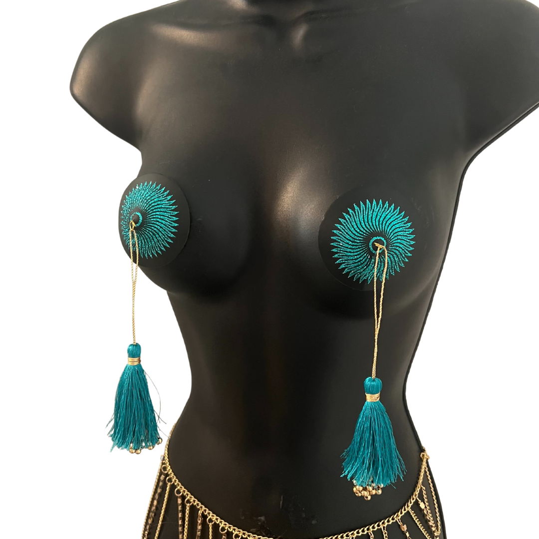 SUN GODDESS Glitter and Black Nipple Pasty, Cover (2pcs) with Gold Beaded Tassel Burlesque Lingerie Raves and Festivals