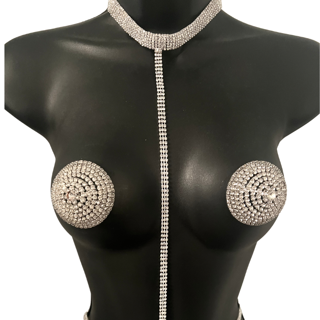 BLONDE AMBITION Rhinestone Silver Conical Pasties, Nipple Covers (2pcs) for Lingerie Burlesque Raves Festivals and More