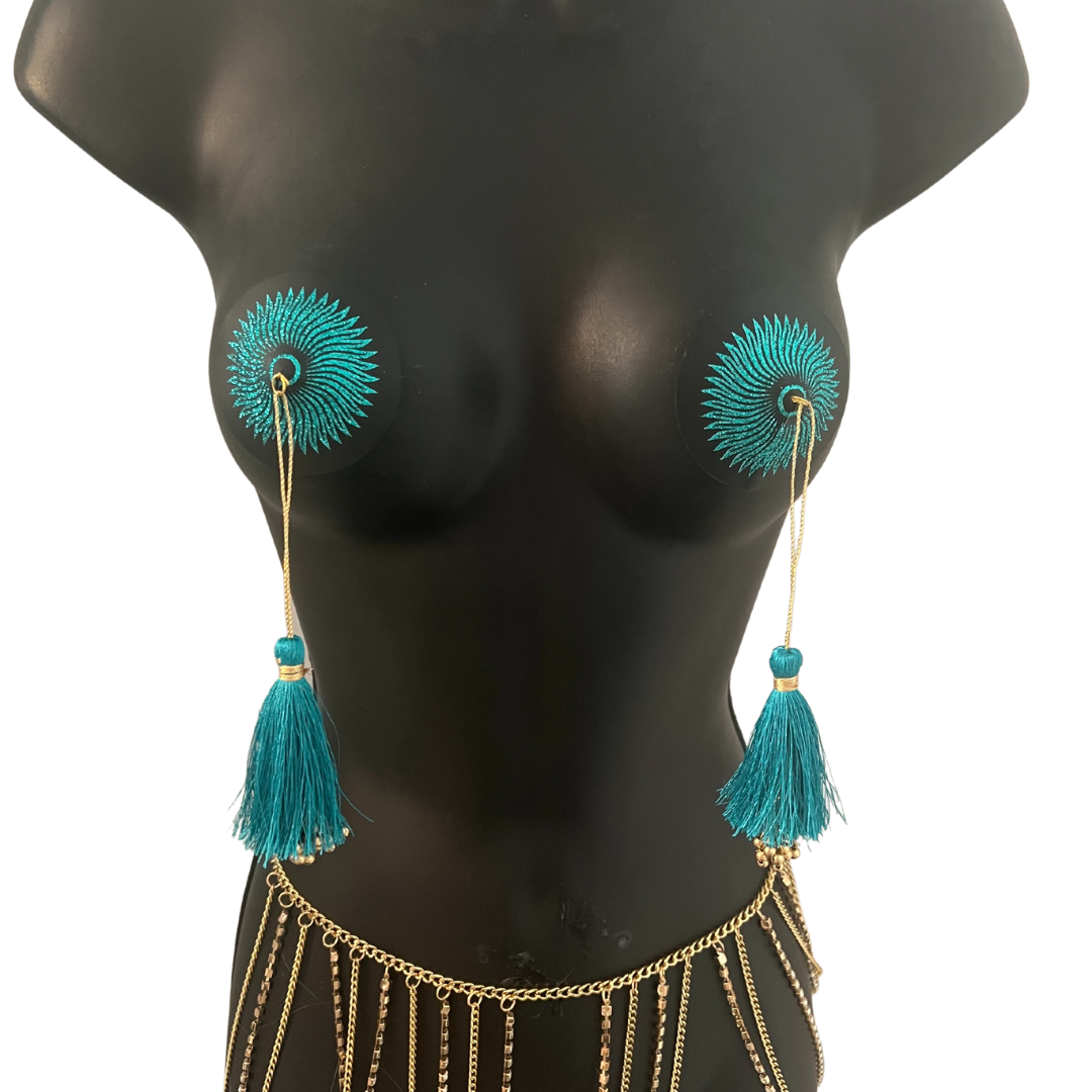 SUN GODDESS Glitter et Black Nipple Pasty, Cover (2pcs) avec pompon perlé doré Burlesque Lingerie Raves et Festivals