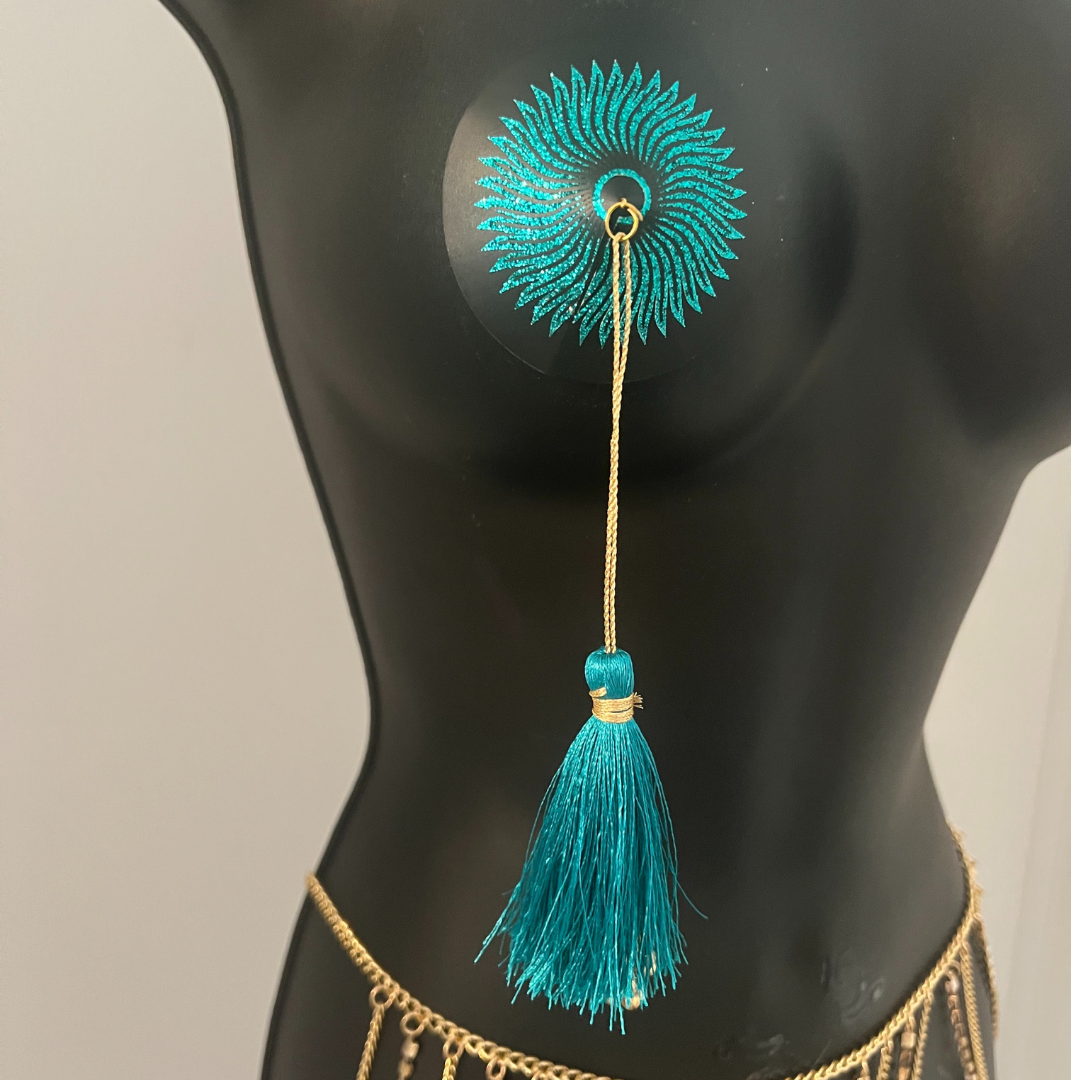 SUN GODDESS Glitter and Black Nipple Pasty, Cover (2pcs) with Gold Beaded Tassel Burlesque Lingerie Raves and Festivals