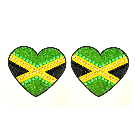 JAMAICA LOVE - Pasties para pezones con forma de corazón con purpurina y gemas de Jamaica (2 unidades), fundas para burlesque, carnaval rave y festivales