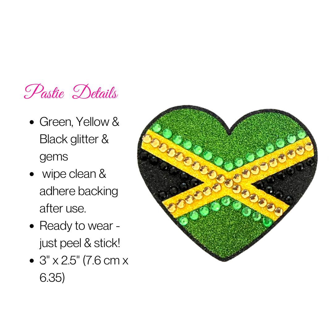 JAMAICA LOVE - Jamaica Glitter & Gem Heart Nipple Pasties (2pcs), Covers for Burlesque, Rave Carnival and Festivals