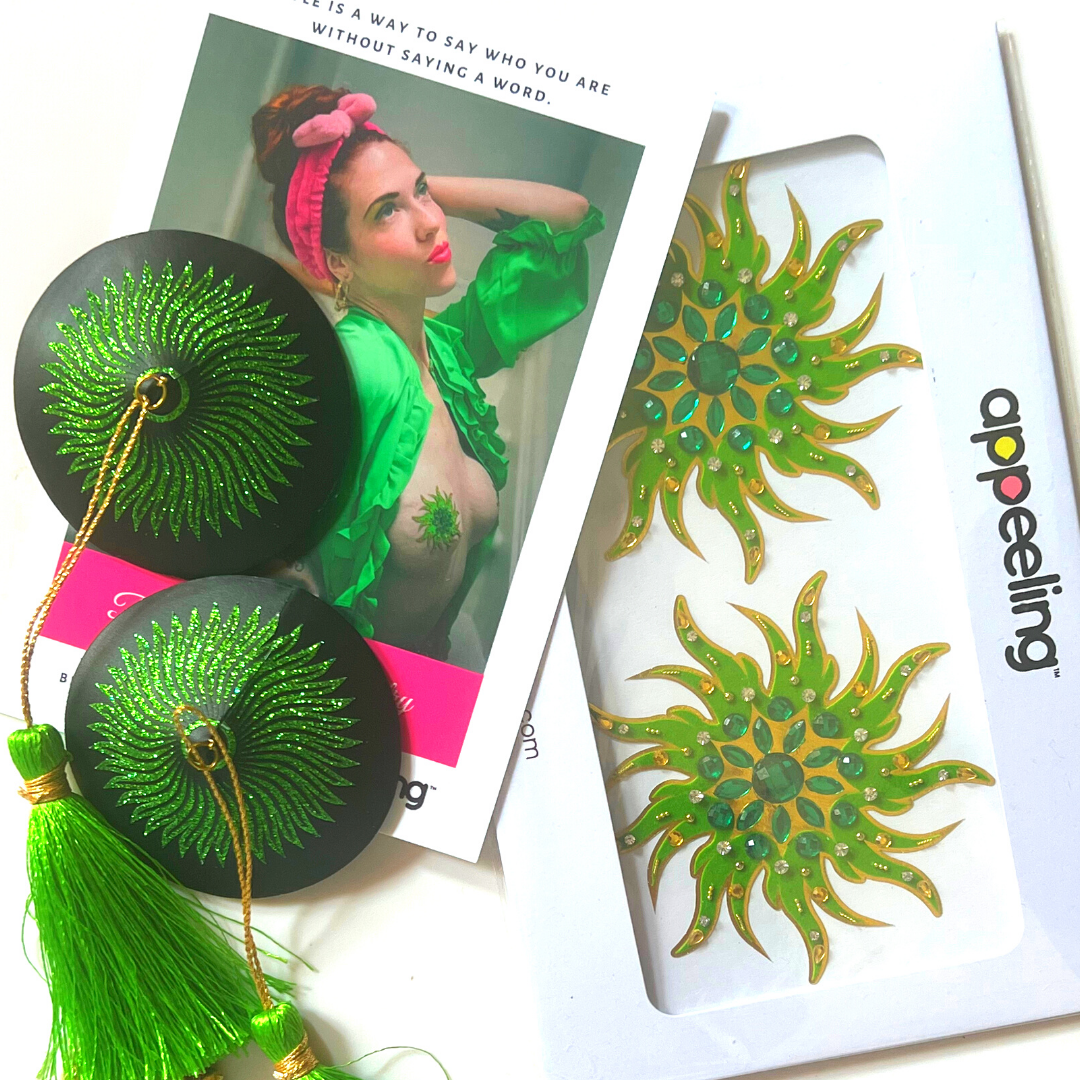 GREEN GODDESS BUNDLE 2 Pairs of Gorgeous Green Nipple Pasties, Covers (4pcs)  for Lingerie Carnival Burlesque Rave – SALE