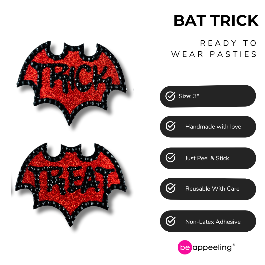 BAT TRICK Red Bat Trick or Treat Nipple Pasties, Covers (2pcs) in Black and Red Glitter and Gems