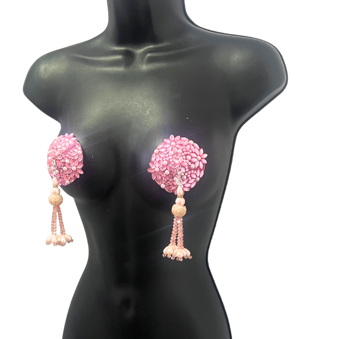 PEARL PROVOCATEUR Pink or Silver Floral Gem & Pearl Nipple Pasties, Pasty (2pcs) with Removable Tassels (2pcs)