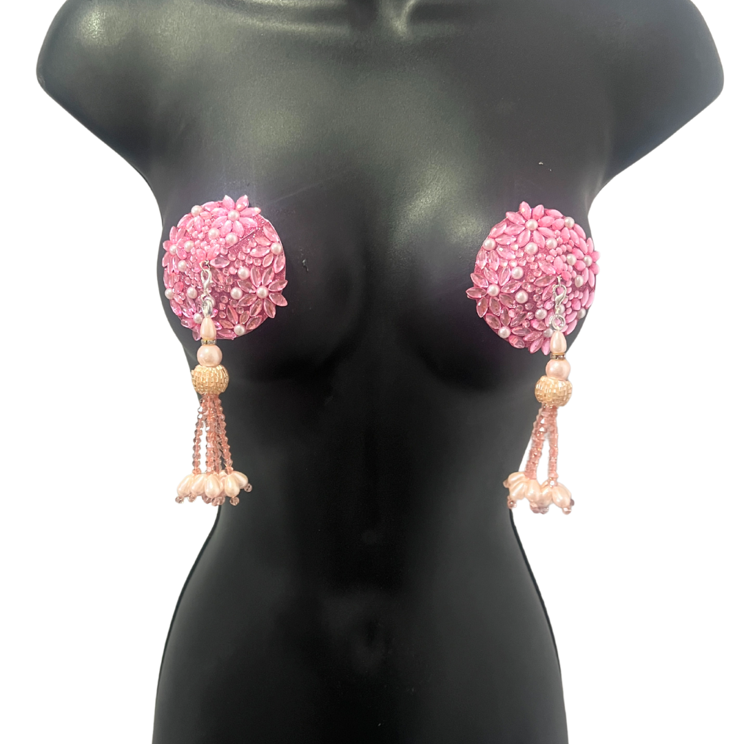 PEARL PROVOCATEUR Pink or Silver Floral Gem & Pearl Nipple Pasties, Pasty (2pcs) with Removable Tassels (2pcs)