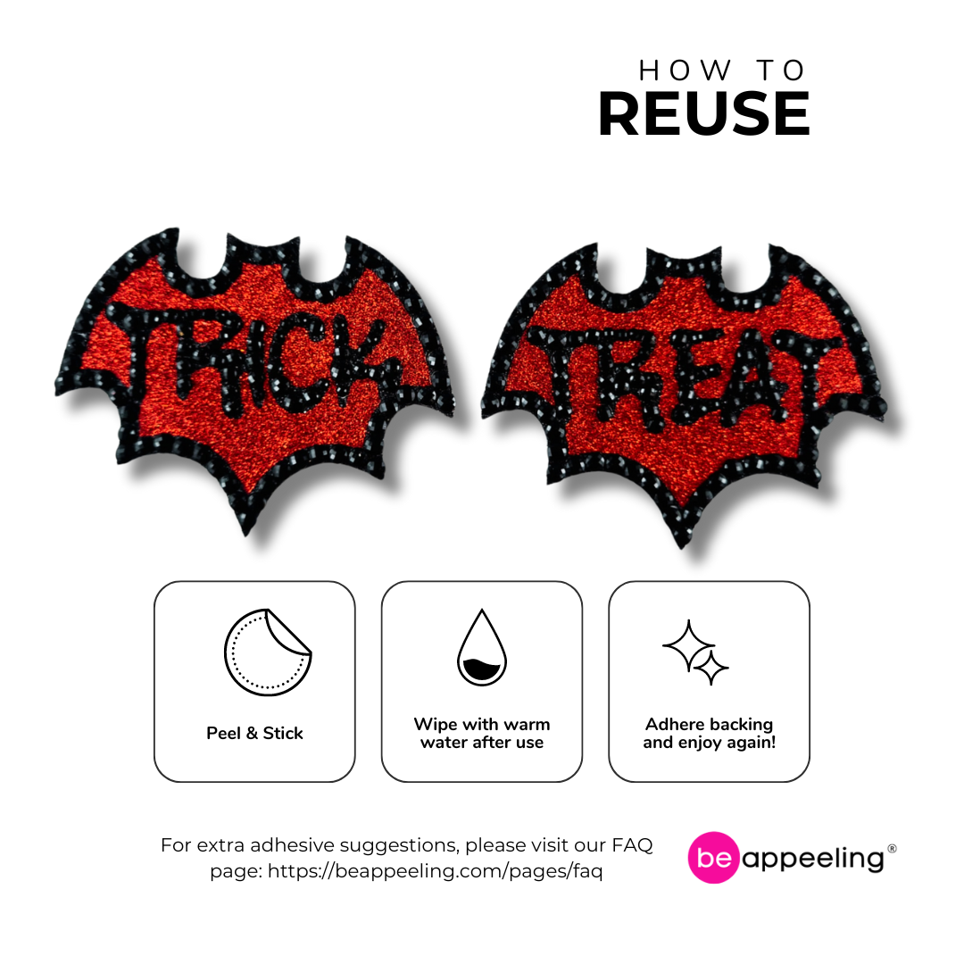 BAT TRICK Red Bat Trick or Treat Nipple Pasties, Covers (2pcs) in Black and Red Glitter and Gems