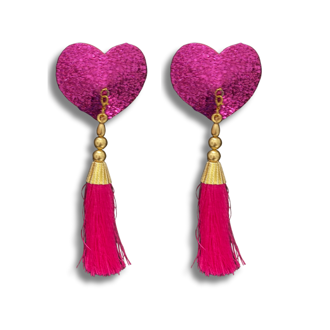 LUVA Hot Pink Heart  Glitter Nipple Pasties, Pasty (2pcs) -  With Removable Lightweight Tassels