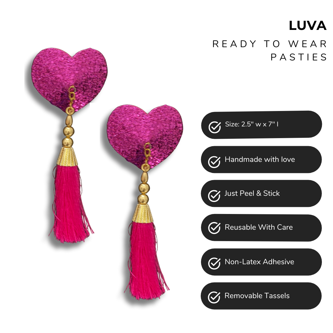 LUVA Hot Pink Heart  Glitter Nipple Pasties, Pasty (2pcs) -  With Removable Lightweight Tassels