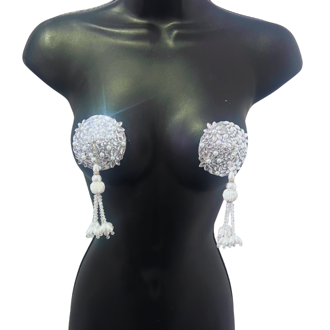 PEARL PROVOCATEUR Pink or Silver Floral Gem & Pearl Nipple Pasties, Pasty (2pcs) with Removable Tassels (2pcs)