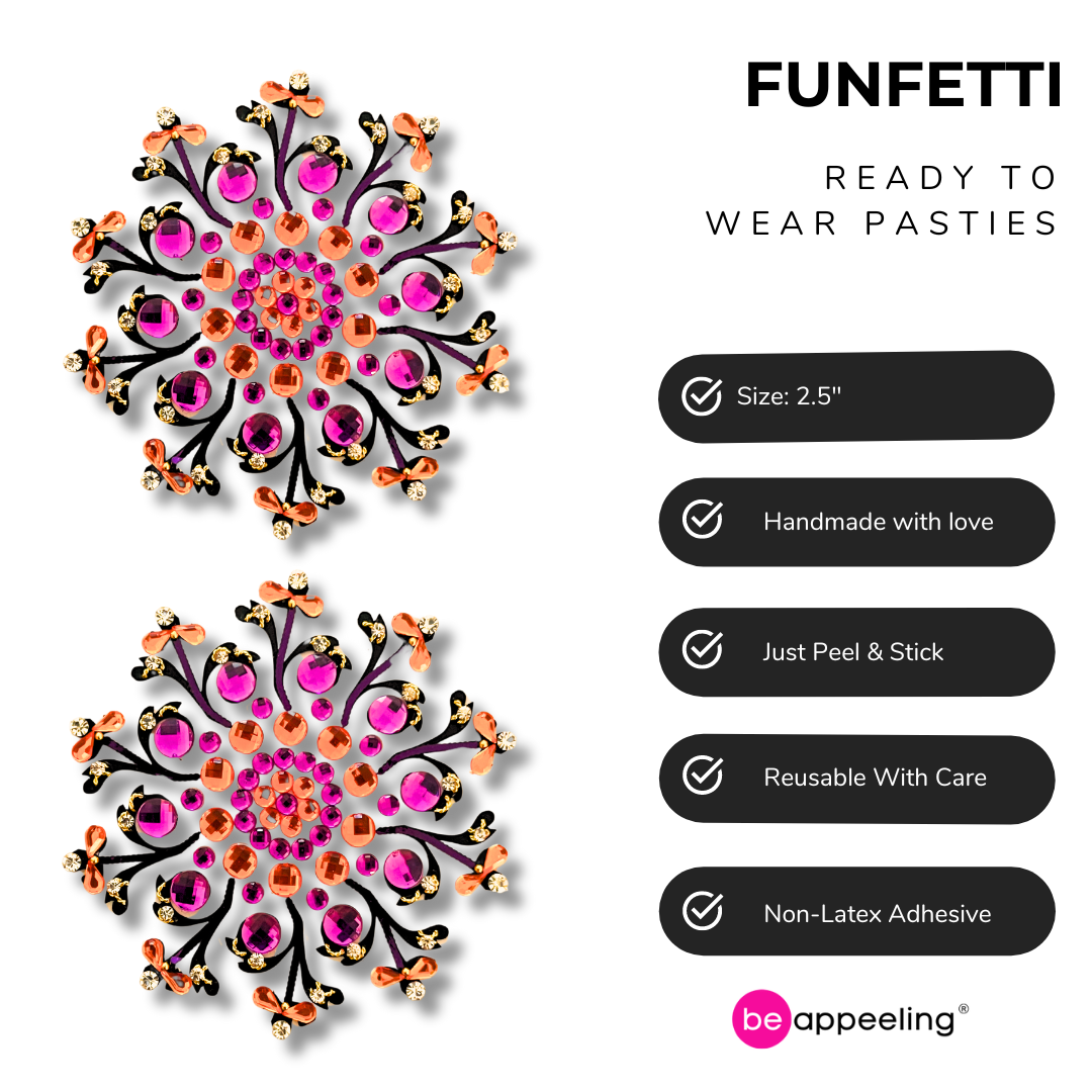 FUNFETTI - (¡4 opciones de color!) Cubiertas de empanadas de pezones florales intrincadas con purpurina y gema (2 piezas) para burlesque, lencería Rave Pride, festivales