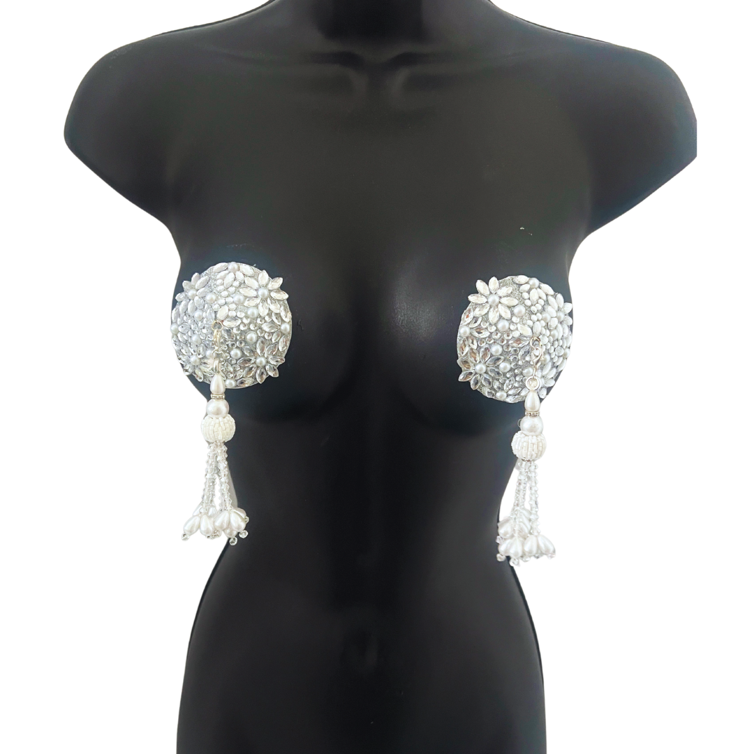 PEARL PROVOCATEUR Pink or Silver Floral Gem & Pearl Nipple Pasties, Pasty (2pcs) with Removable Tassels (2pcs)