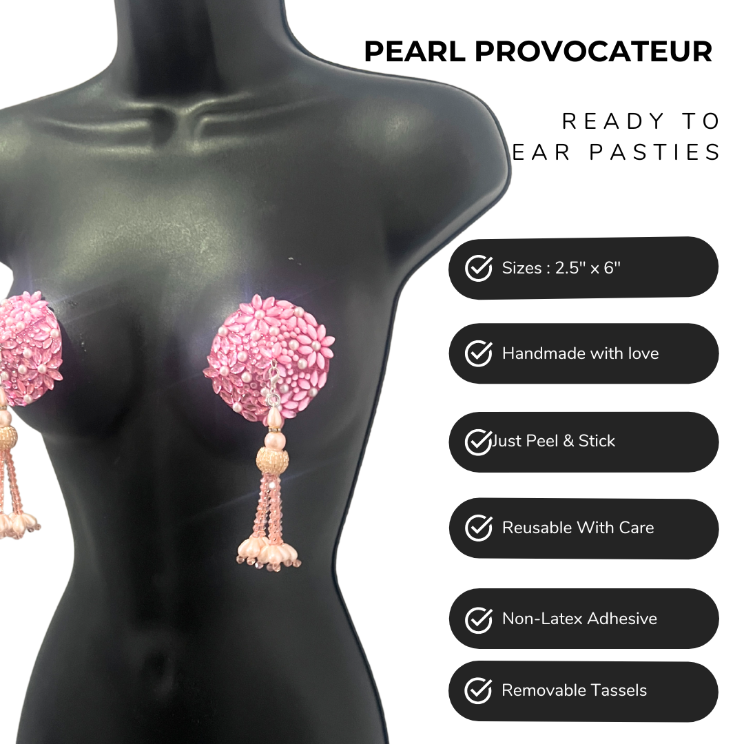 PEARL PROVOCATEUR Pink or Silver Floral Gem & Pearl Nipple Pasties, Pasty (2pcs) with Removable Tassels (2pcs)