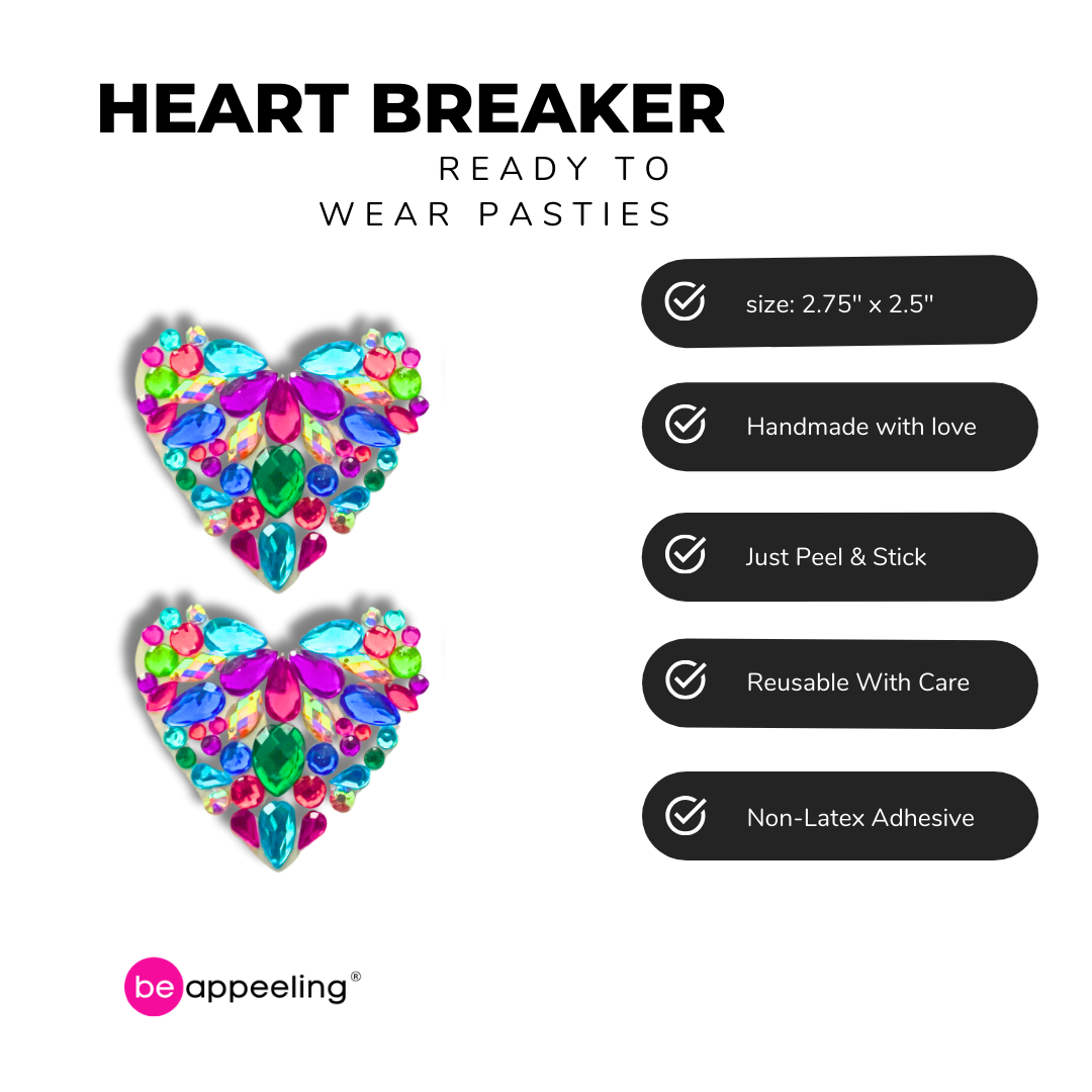 HEARTBREAKER Pasteles para pezones con forma de corazón y gemas multicolores
