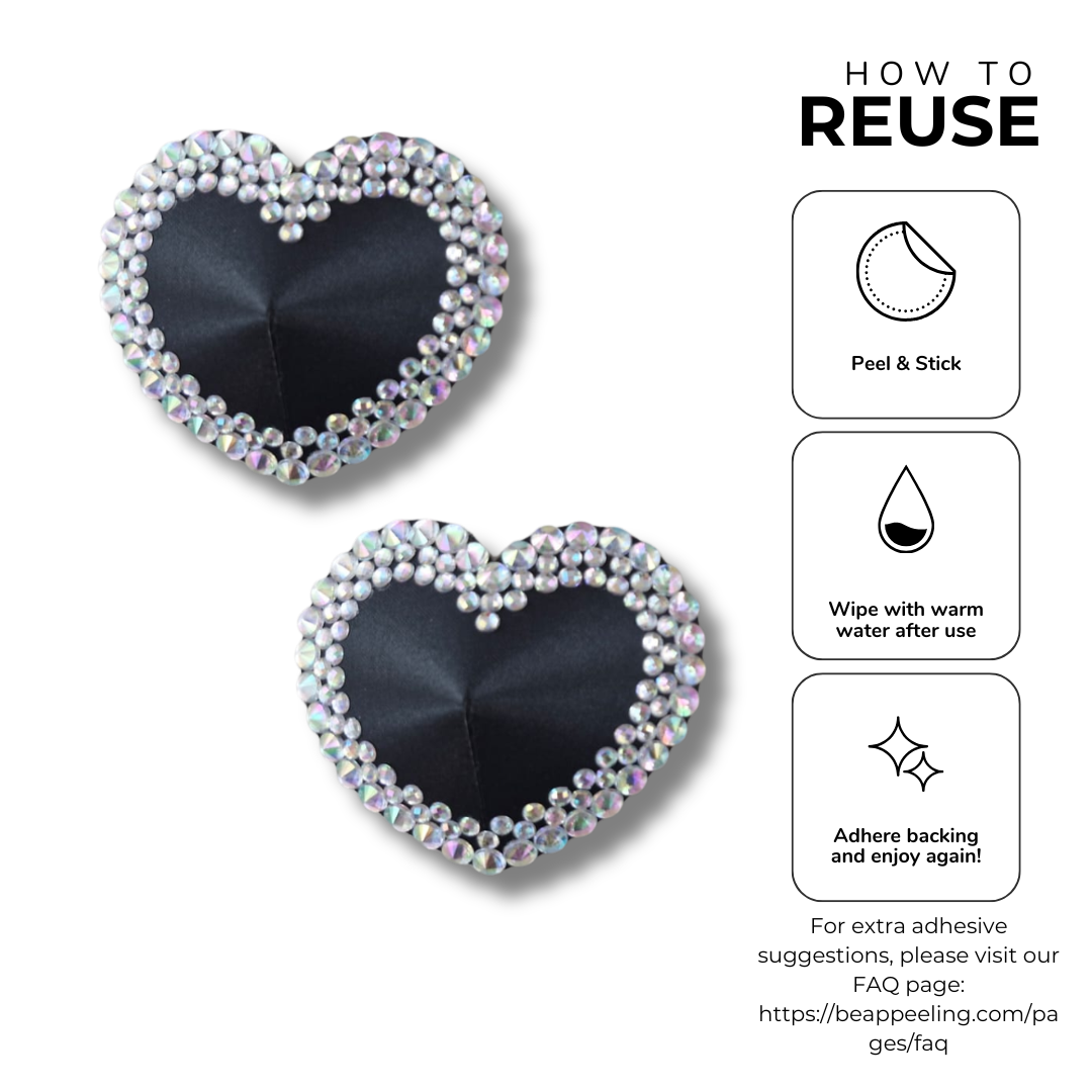 MON CHÉRIE Black or Red Silk Hearts with Crystal Gem Nipple Pasties, Pasty (2pcs)