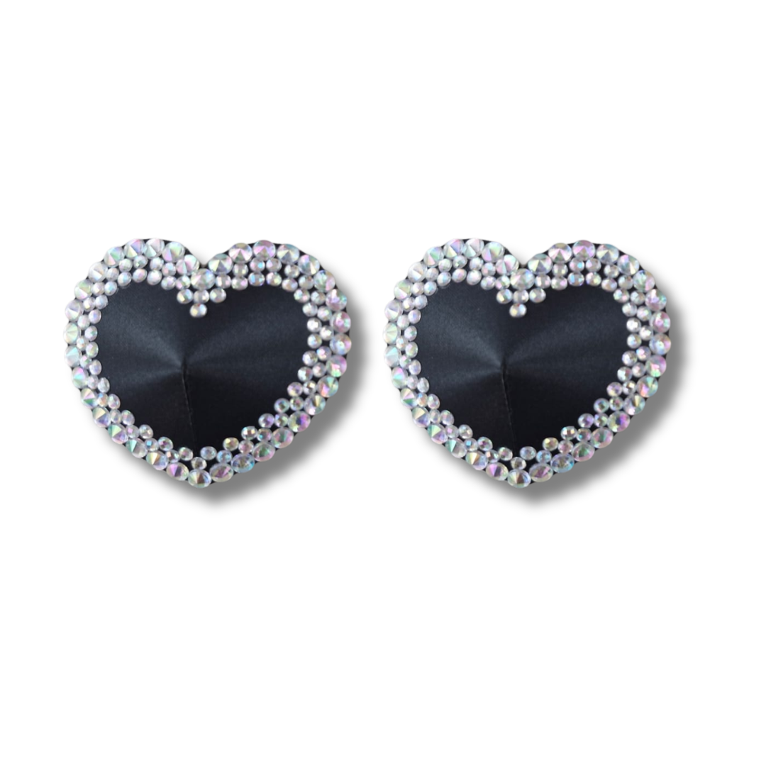 MON CHÉRIE Black or Red Silk Hearts with Crystal Gem Nipple Pasties, Pasty (2pcs)