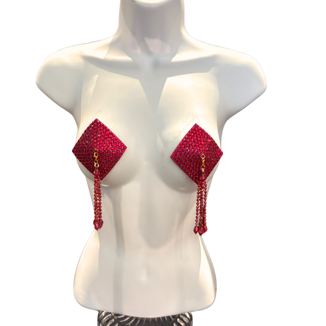 DIAMANTE Black (5 colours!) Diamond Shape Crystal Pasties, Covers (2 PCS) with Removable Crystal and Tassels