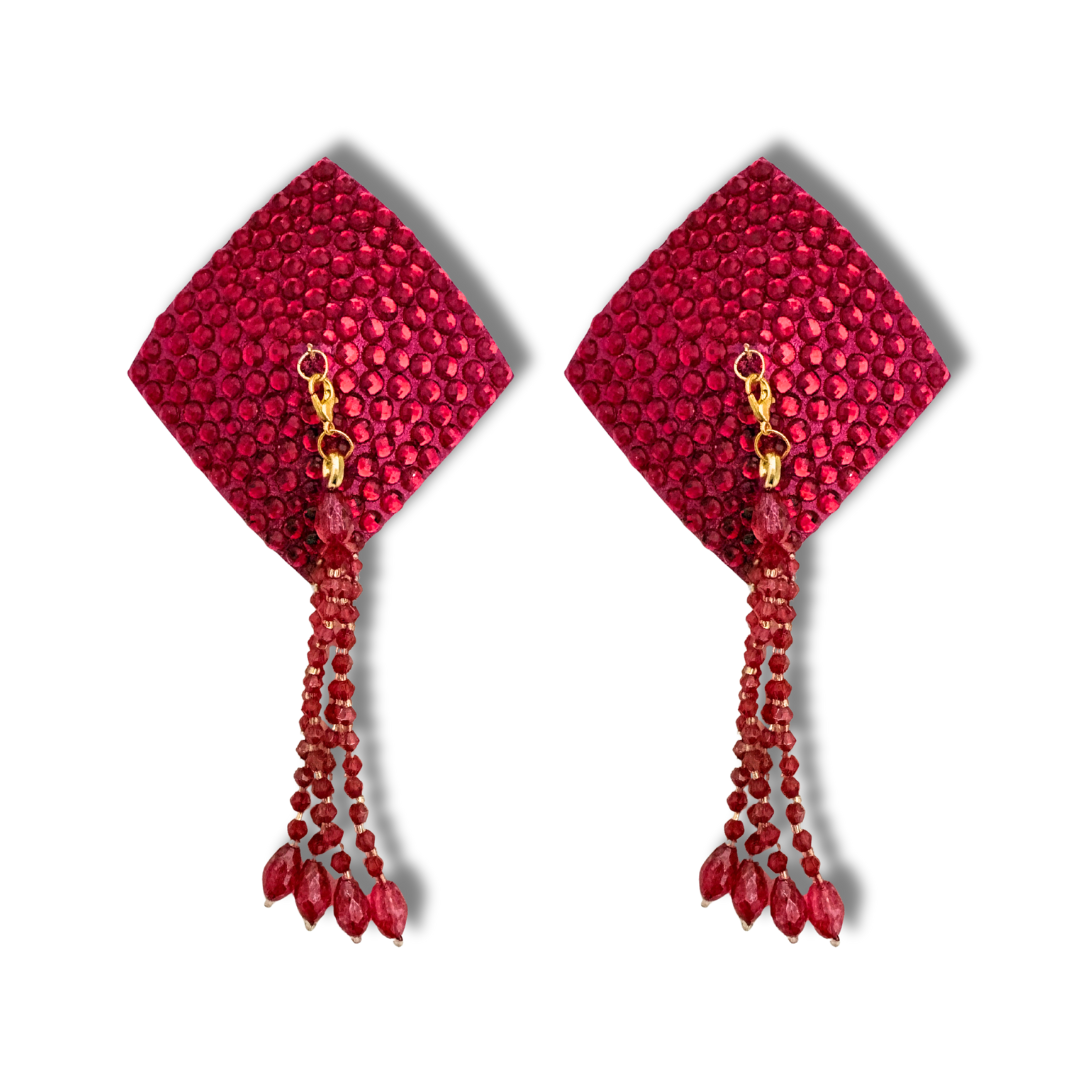 DIAMANTE Gold (5 colours!) Diamond Shape Crystal Pasties, Covers (2 PCS) with Removable Crystal and Tassels