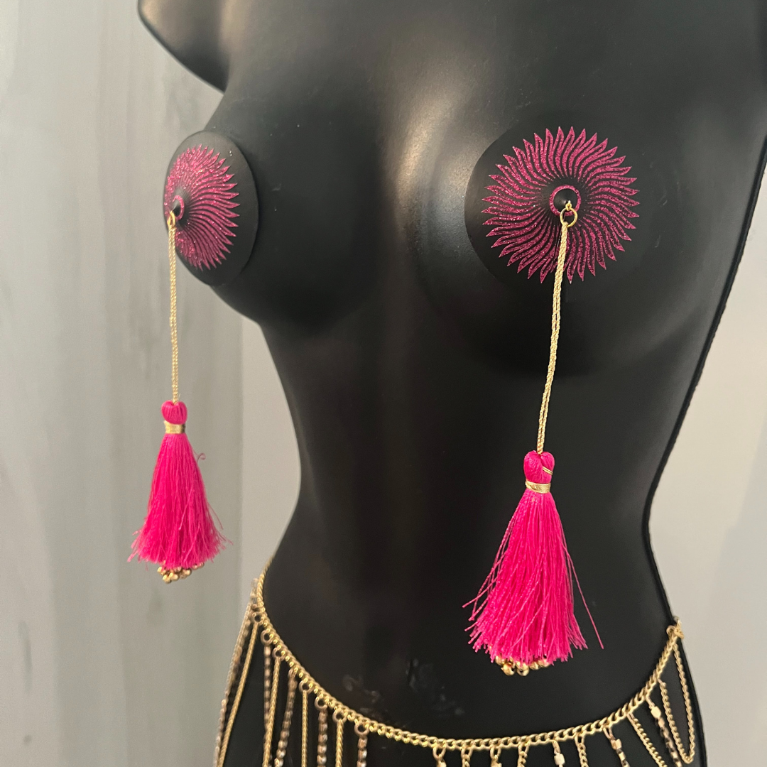 SUN GODDESS Glitter and Black Nipple Pasty, Cover (2pcs) with Gold Beaded Tassel Burlesque Lingerie Raves and Festivals