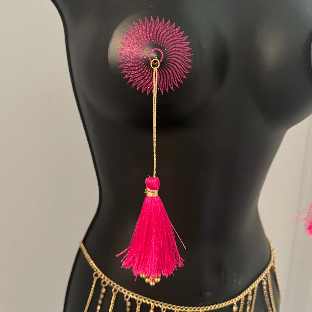 SUN GODDESS Glitter and Black Nipple Pasty, Cover (2pcs) with Gold Beaded Tassel Burlesque Lingerie Raves and Festivals